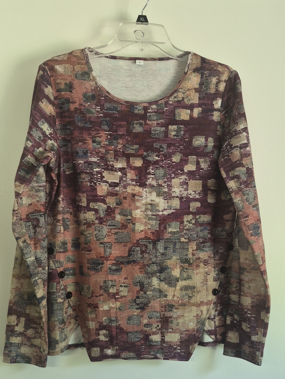 Women’s Long Sleeve Abstract Print Burgundy Multicolor Top SZ S